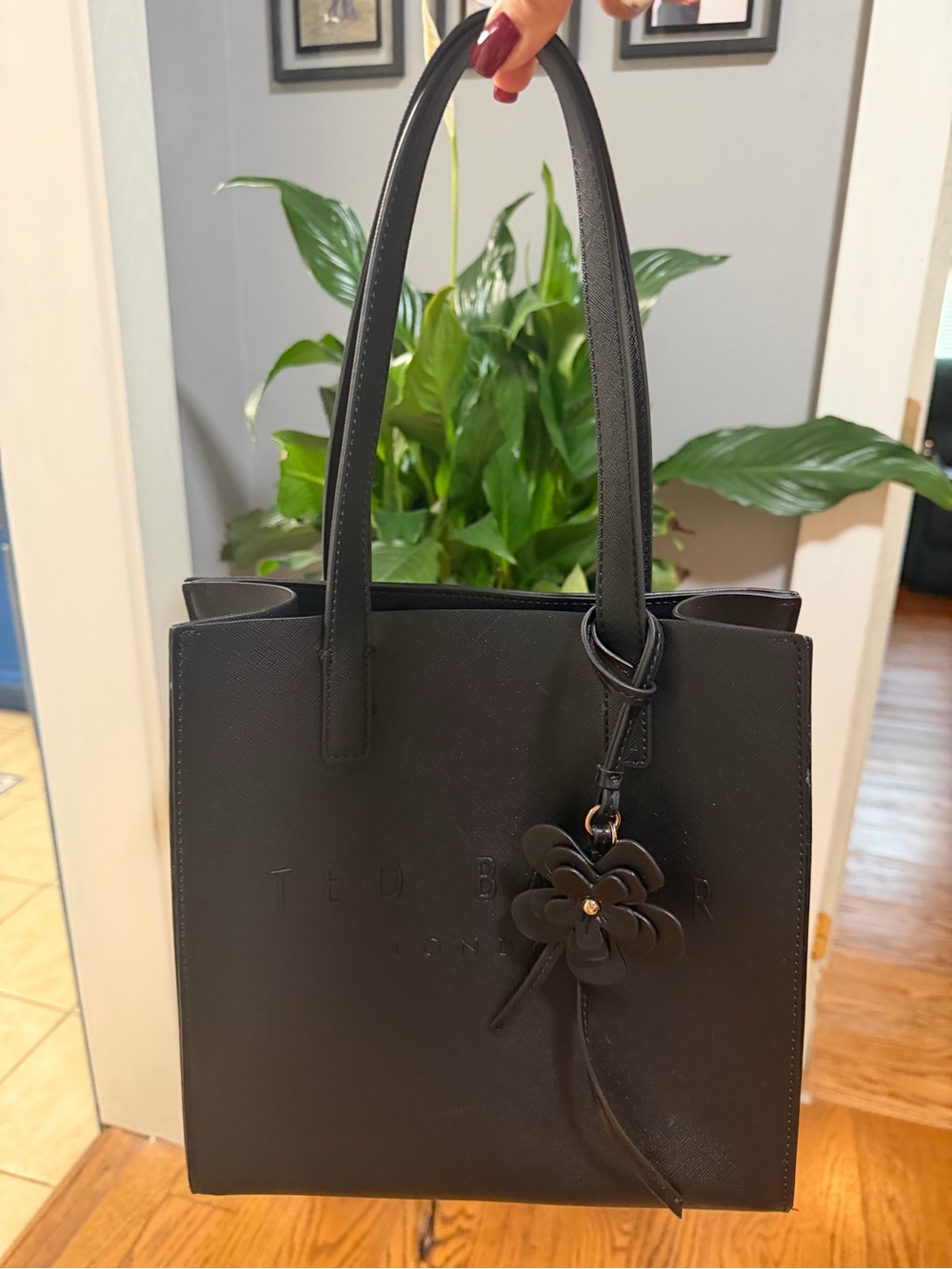 Ted Baker Black Structured Leather Tote with Floral Charm